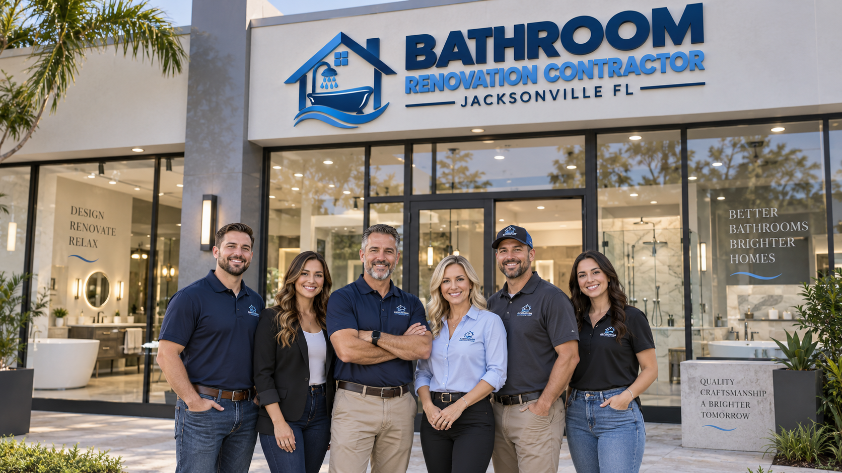 Bathroom renovation team standing in front of a bathroom design showroom